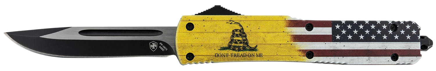 Templar Knife MDTOM331 Gen II Don’t Tread On Me Slim 3.50″ OTF Drop Point Plain Black Oxide Stonewashed 440C SS Blade, 5.05″ Yellow w/Flag & “Don’t Tread On Me” Aluminum Handle, Glass Breaker