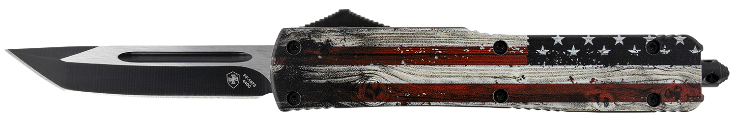 Templar Knife MWUS231 Gen II Wood US Flag Slim 3.43″ OTF Tanto Plain Black Oxide Stonewashed 440C SS Blade, 5.05″ Painted Wood Grain US Flag Aluminum Handle, Glass Breaker