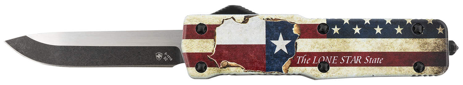Templar Knife SZTX321 Premium Weighted Texan Small 3″ OTF Drop Point Plain Black Oxide Stonewashed D2 Steel Blade, 4.50″ Red/White/Blue w/”The LONE STAR State” Aluminum Zinc Alloy Handle