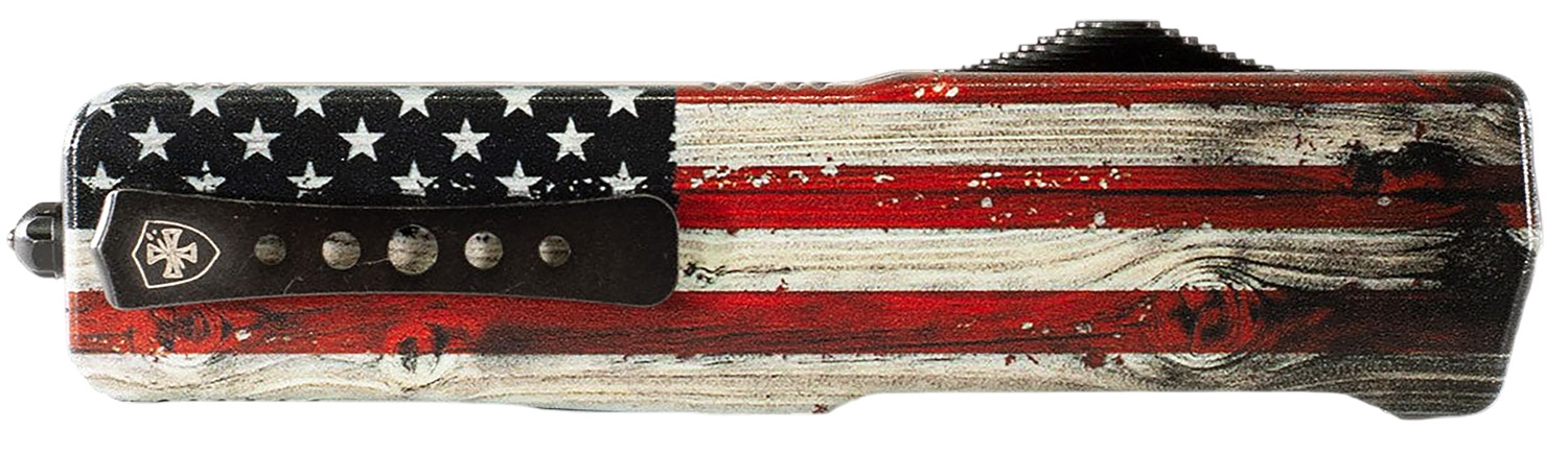 Templar Knife MZWUS121 Premium Weighted Small 3″ OTF Dagger Plain Black Oxide Stonewashed Powder Coated D2 Steel Blade, 4.50″ Painted Wood Grain US Flag Aluminum Zinc Alloy Handle