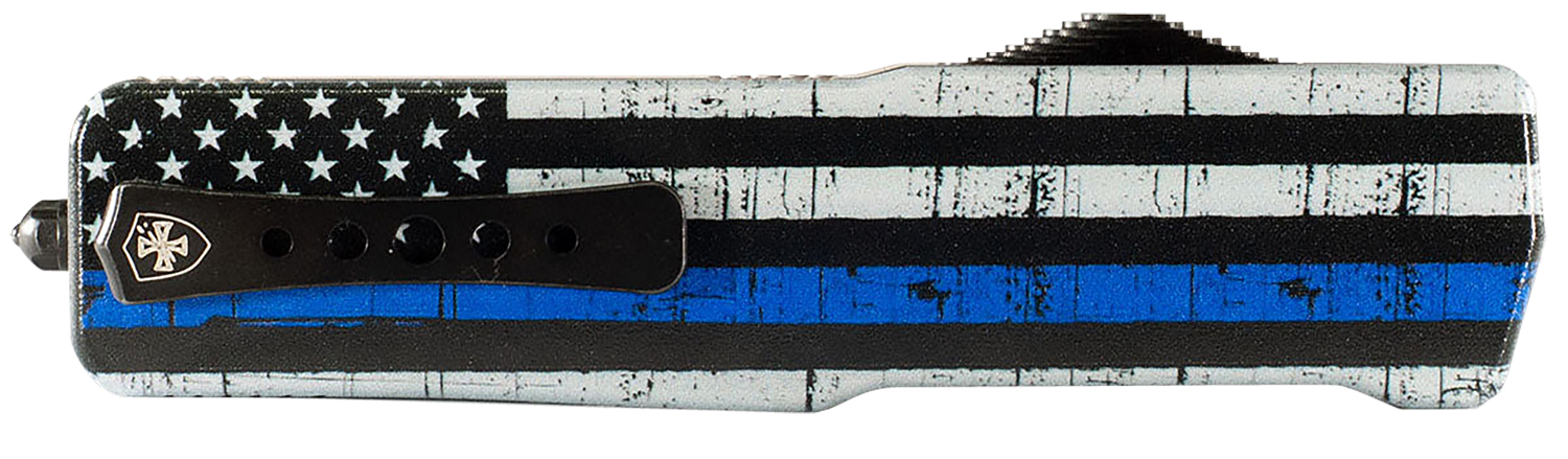 Templar Knife MABTB12 Premium LW We Back You Slim 3.25″ OTF Dagger Plain Black Oxide Stonewashed D2 Steel Blade, 5″ Black & White w/Blue Line Aluminum Handle