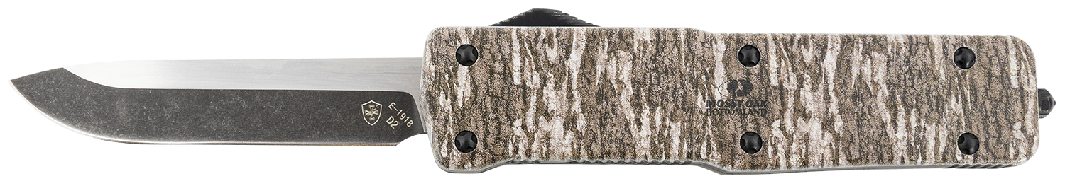 Templar Knife LZMOB321 Premium Weighted Large 3.55″ OTF Drop Point Plain Black Oxide Stonewashed D2 Steel Blade, 5.25″ Mossy Oak Bottomland Aluminum Zinc Alloy Handle