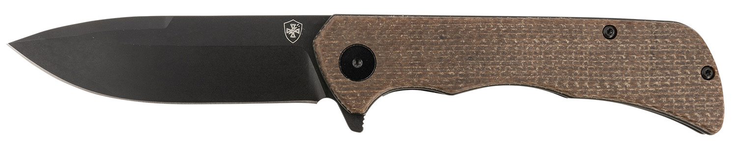 Templar Knife PFMBN321 Paladin 3.27″ Folding Drop Point Plain Black Powder Coated D2 Steel Blade, 4.40″ Brown Micarta Handle
