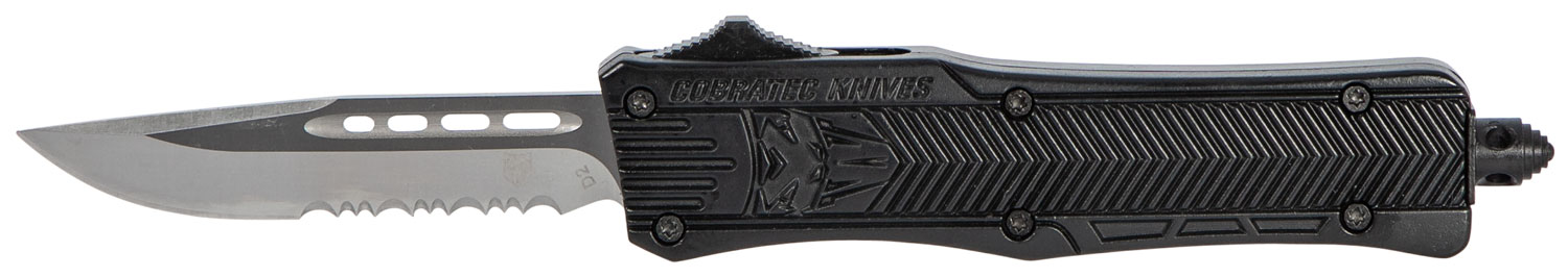 CobraTec Knives SBCTK1SDS CTK-1 Small 2.75″ OTF Drop Point Part Serrated D2 Steel Blade/ Black Aluminum Handle Features Glass Breaker Includes Pocket Clip