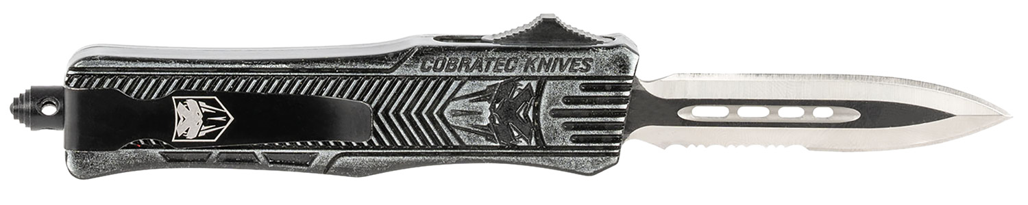 CobraTec Knives SSWCTK1SDAG1SS CTK-1  Small 2.75″ OTF Dagger Part Serrated D2 Steel Blade/ Stonewashed Aluminum Handle Features Glass Breaker Includes Pocket Clip