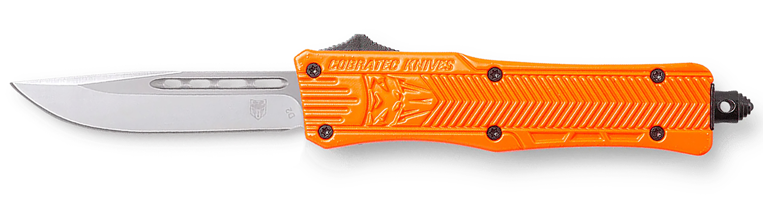 CobraTec Knives SORCTK1SDNS CTK-1 Small 2.75″ OTF Drop Point Plain D2 Steel Blade/Orange Aluminum Handle Features Glass Breaker Includes Pocket Clip