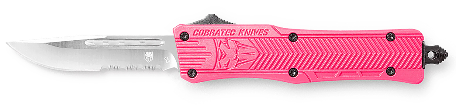 CobraTec Knives SPKCTK1SDS CTK-1 Small 2.75″ OTF Drop Point Part Serrated D2 Steel Blade/ Pink Aluminum Handle Features Glass Breaker Includes Pocket Clip