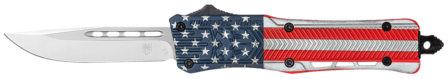 CobraTec Knives SUSACTK1SDNS CTK-1 American Flag Small 2.75″ OTF Drop Point Plain D2 Steel Blade, 4.25″ Red/White/Blue Flag Cerakote Aluminum Alloy Handle