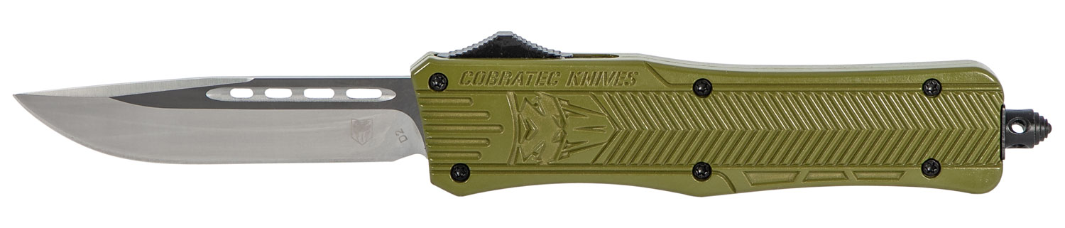 CobraTec Knives MODCTK1MDNS CTK-1 Medium 3″ OTF Drop Point Plain D2 Steel Blade/OD Green Aluminum Handle Features Glass Breaker Includes Pocket Clip