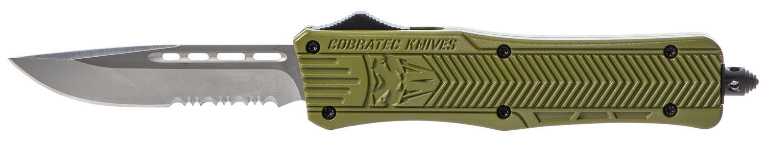 CobraTec Knives MODCTK1MDS CTK-1  Medium 3″ OTF Drop Point Part Serrated D2 Steel Blade/OD Green Aluminum Handle Features Glass Breaker Includes Pocket Clip