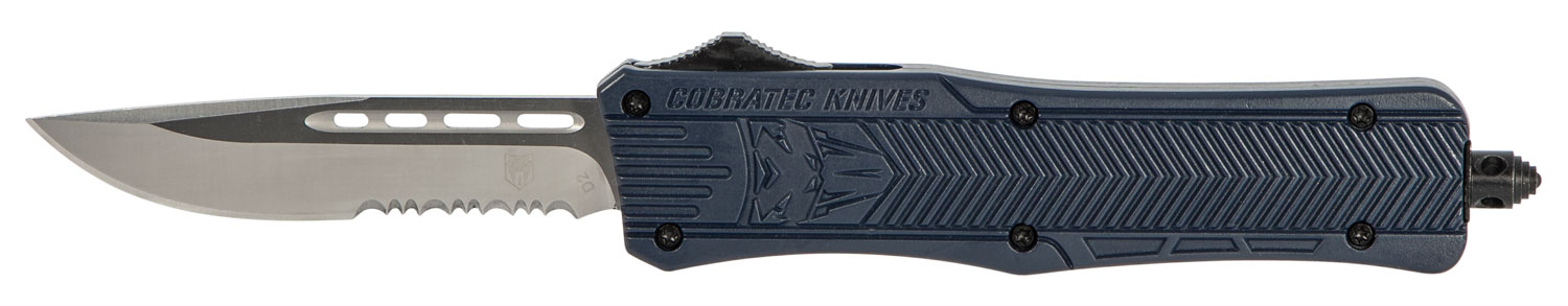CobraTec Knives MNYCTK1MDS CTK-1 Medium 3″ OTF Drop Point Part Serrated D2 Steel Blade/NYPD Blue Aluminum Handle Features Glass Breaker Includes Pocket Clip