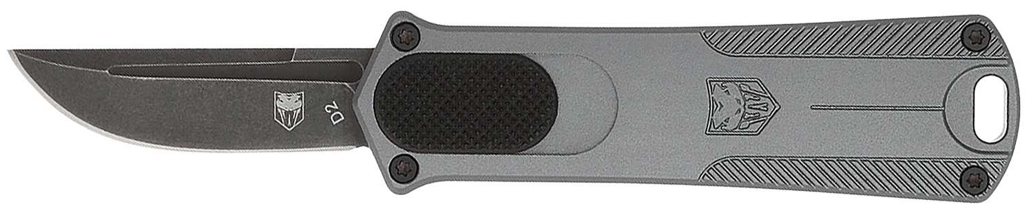 CobraTec Knives CALI952GRYDNS California 952 *CA Compliant 1.75″ OTF Drop Point Plain Black Stonewashed D2 Steel Blade, 3″ Gray Anodized Aluminum Handle