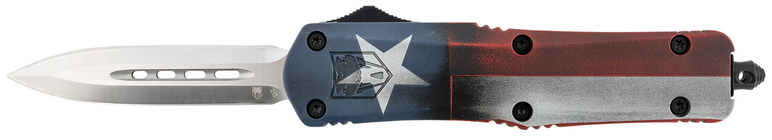 CobraTec Knives MCTXFS3DAGNS FS-3 Texas Flag Medium 3″ OTF Dagger Plain Satin D2 Steel Blade, 5″ Texas Flag Aluminum Cerakoted Handle