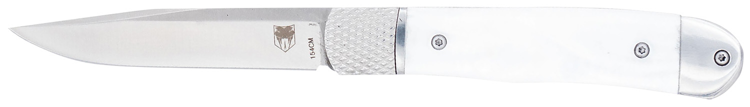CobraTec Knives CTTHRWTABA154CM Trapper Small 3.13″ Folding Plain 154CM SS Blade, 4.25″ White Abalone Scales Handle