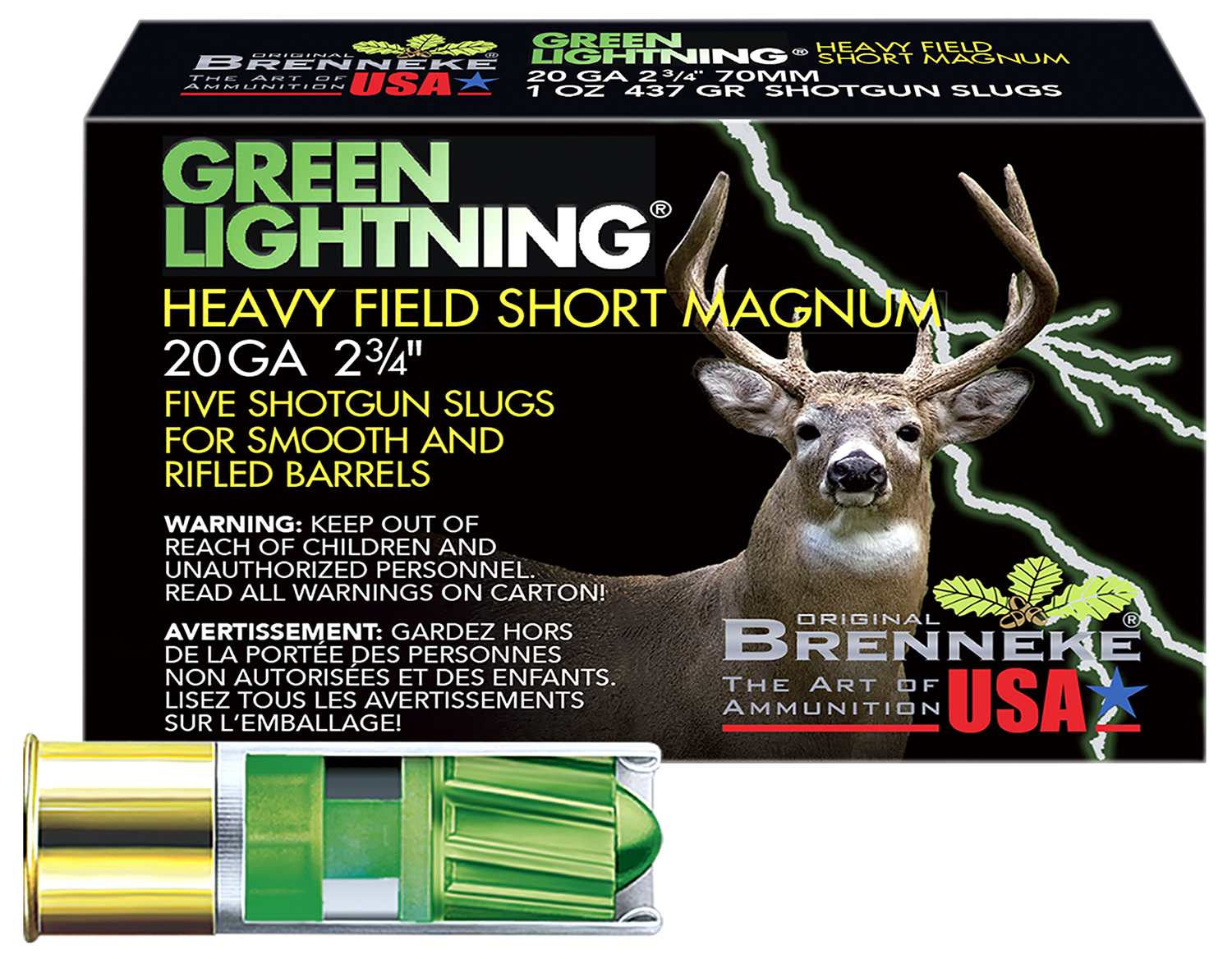 Brenneke SL202HFSGL Green Lightning Heavy Field Short Magnum 20Gauge 2.75″ 1oz Slug Shot 5 Per Box/50 Case