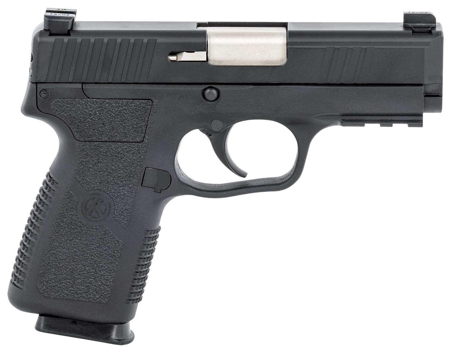 Kahr Arms KP90S94N P9-2  9mm Luger 7+1 3.60″ Barrel, Black Finish Picatinny Rail Frame, Serrated Matte Black Stainless Steel Slide, Textured Polymer Grip & TruGlo Night Sights