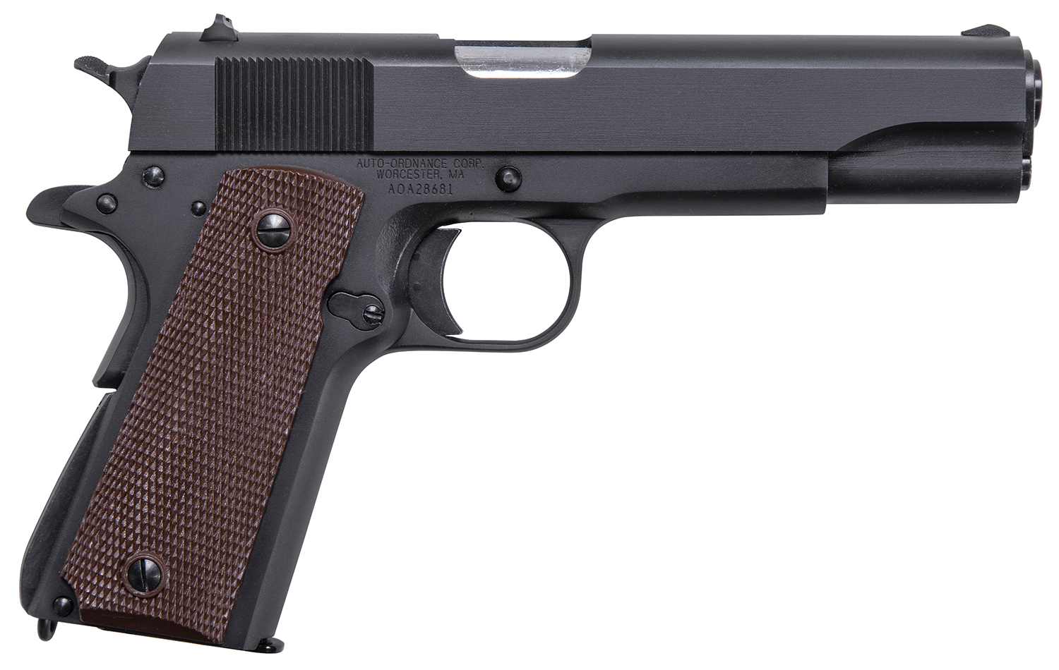 Auto-Ordnance 1911BKO9 1911 A1 GI Spec 9mm Luger 9+1, 5″ Stainless Steel Barrel, Matte Black Serrated Carbon Steel Slide & Frame w/Beavertail, Brown Checkered Polymer Grip