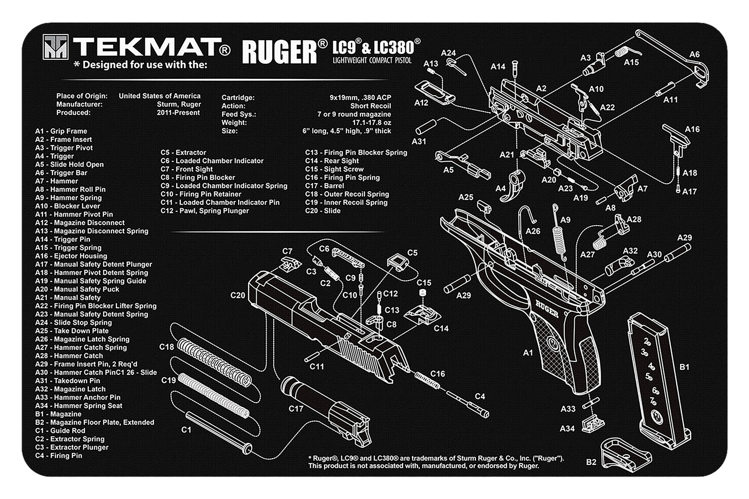 TekMat TEKR17RUGERLC9 Ruger LC9 Cleaning Mat Black/White Rubber 11″x17″ Ruger LC9 Parts Diagram