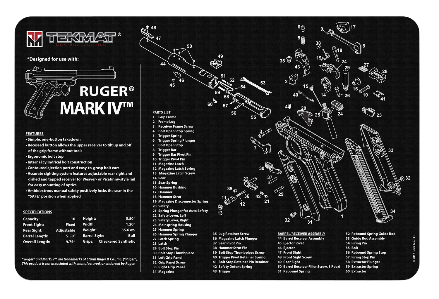 TekMat TEKR17RUGERMK4 Ruger Mark IV Cleaning Mat Black/White Rubber 11″x17″ Ruger Mark IV Parts Diagram