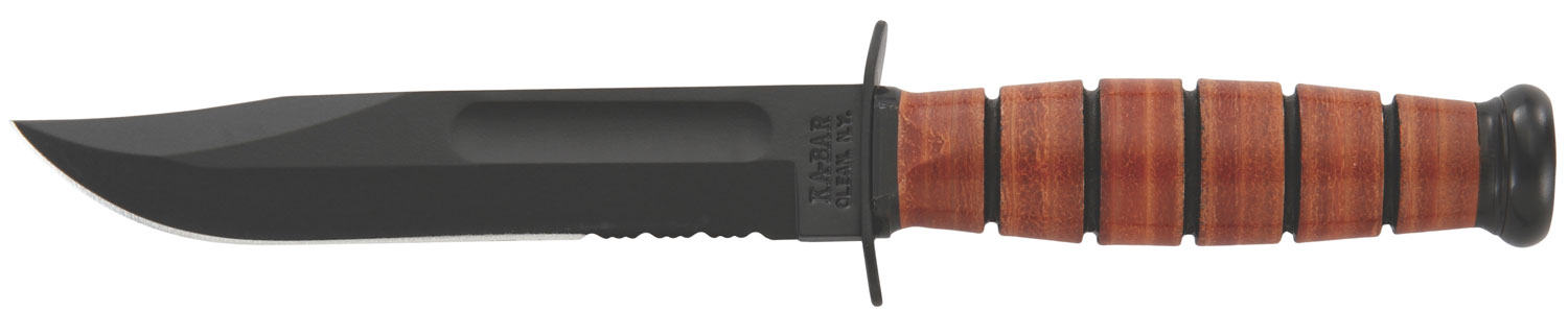 Ka-Bar 1252 USMC  5.25″ Fixed Clip Point Part Serrated Black 1095 Cro-Van Blade, Brown Leather Handle, Includes Sheath