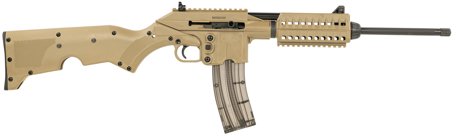 Kel-Tec SU22CATAN SU22 Full Size 22 LR 26+1 16.10″ Black Threaded Barrel, Tan Picatinny Rail Polymer Receiver, Tan Synthetic w/Storage Compartment Stock