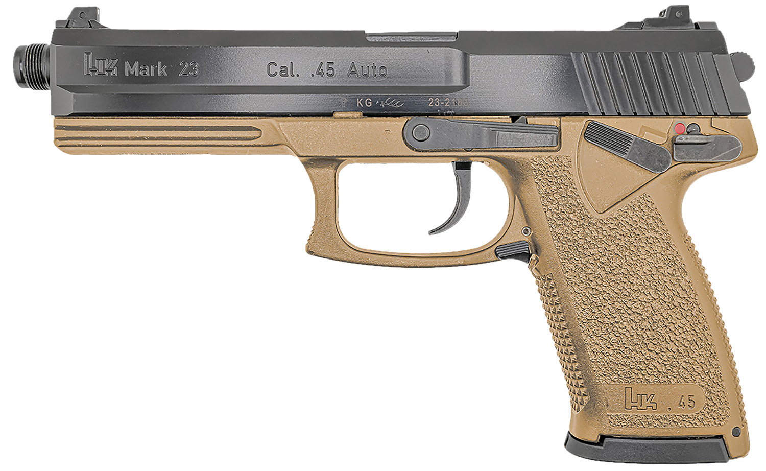 HK 81000869 Mark 23 45 ACP 10+1 5.87″ Black Threaded Barrel, Black Cerakote Serrated Steel Slide, Flat Dark Earth Polymer Frame w/Accessory Rail, Textured Grip