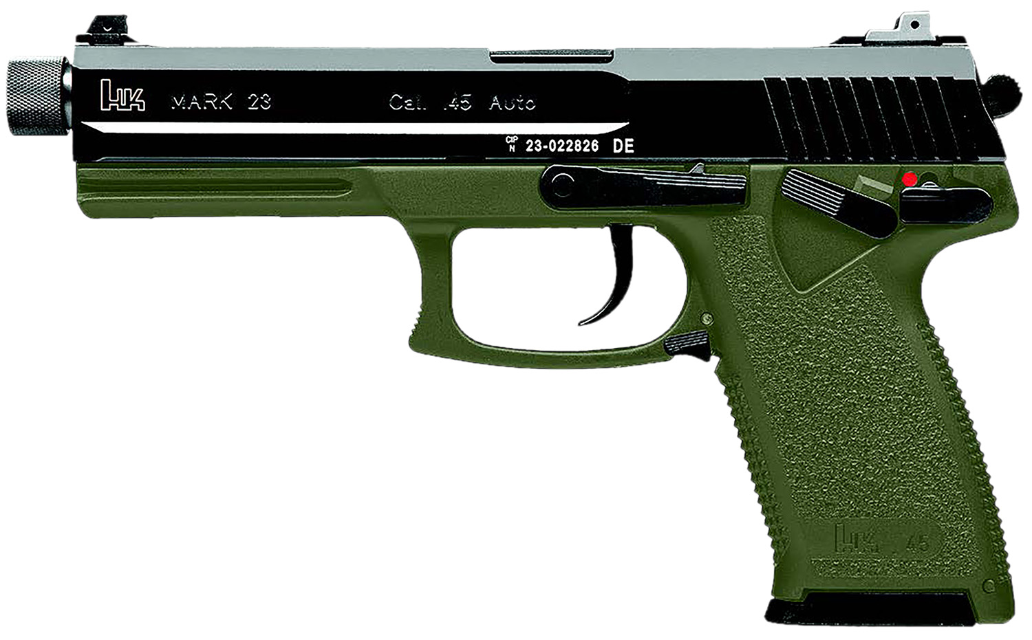 HK 81001074 Mark 23 45 ACP 12+1 5.87″ Black Threaded Barrel, Black Cerakote Serrated Steel Slide, OD Green Polymer Frame w/Accessory Rail, Textured Grip
