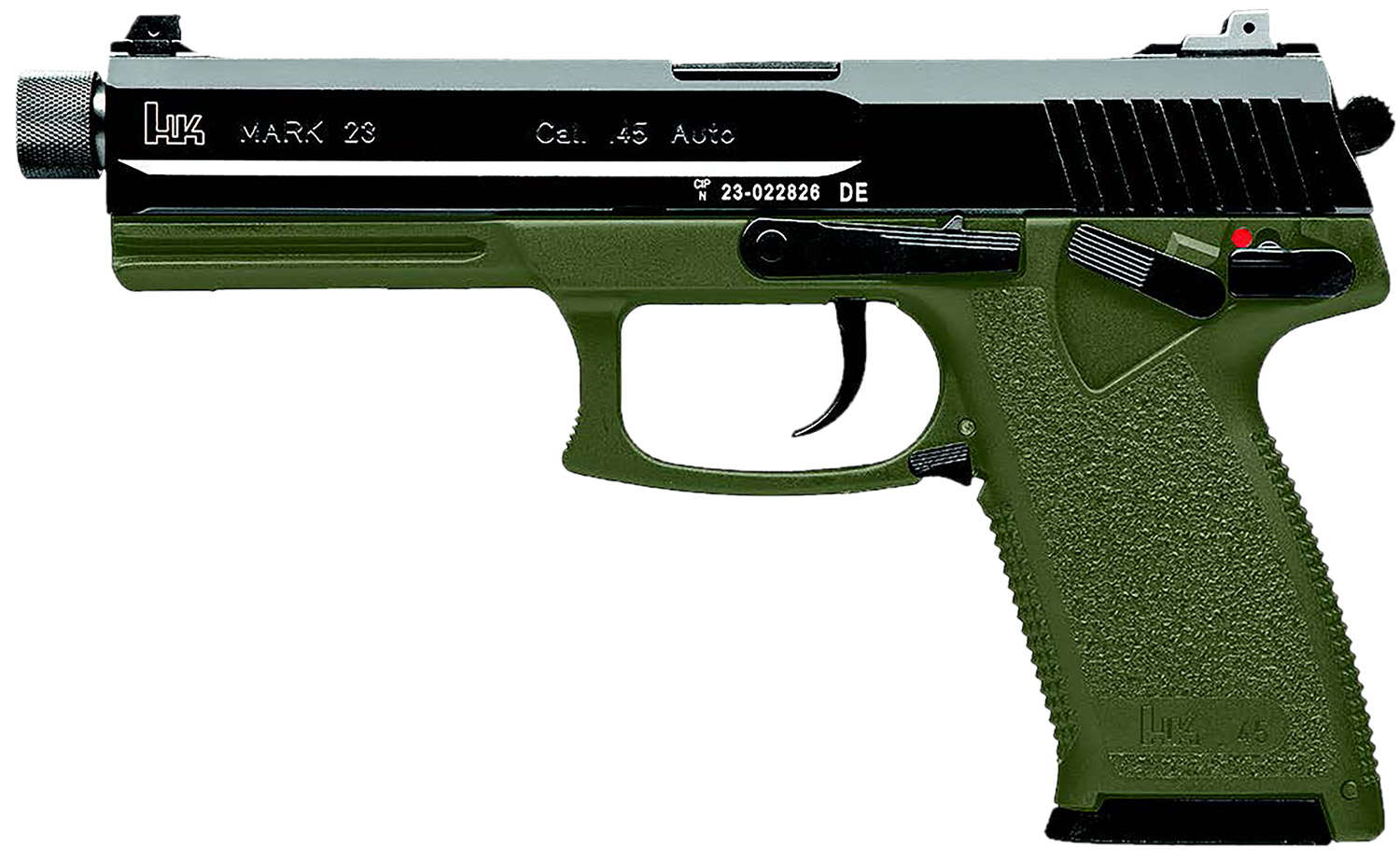 HK 81001075 Mark 23 45 ACP 10+1 5.87″ Black Threaded Barrel, Black Cerakote Serrated Steel Slide, OD Green Polymer Frame w/Accessory Rail, Textured Grip
