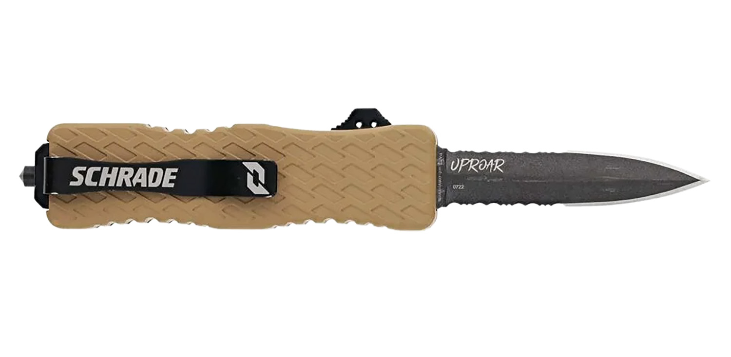 Schrade 1159305 Uproar Automatic 3″ OTF Dagger Part Serrated Black Oxide D2 Steel Blade, Flat Dark Earth Textured Aluminum Handle