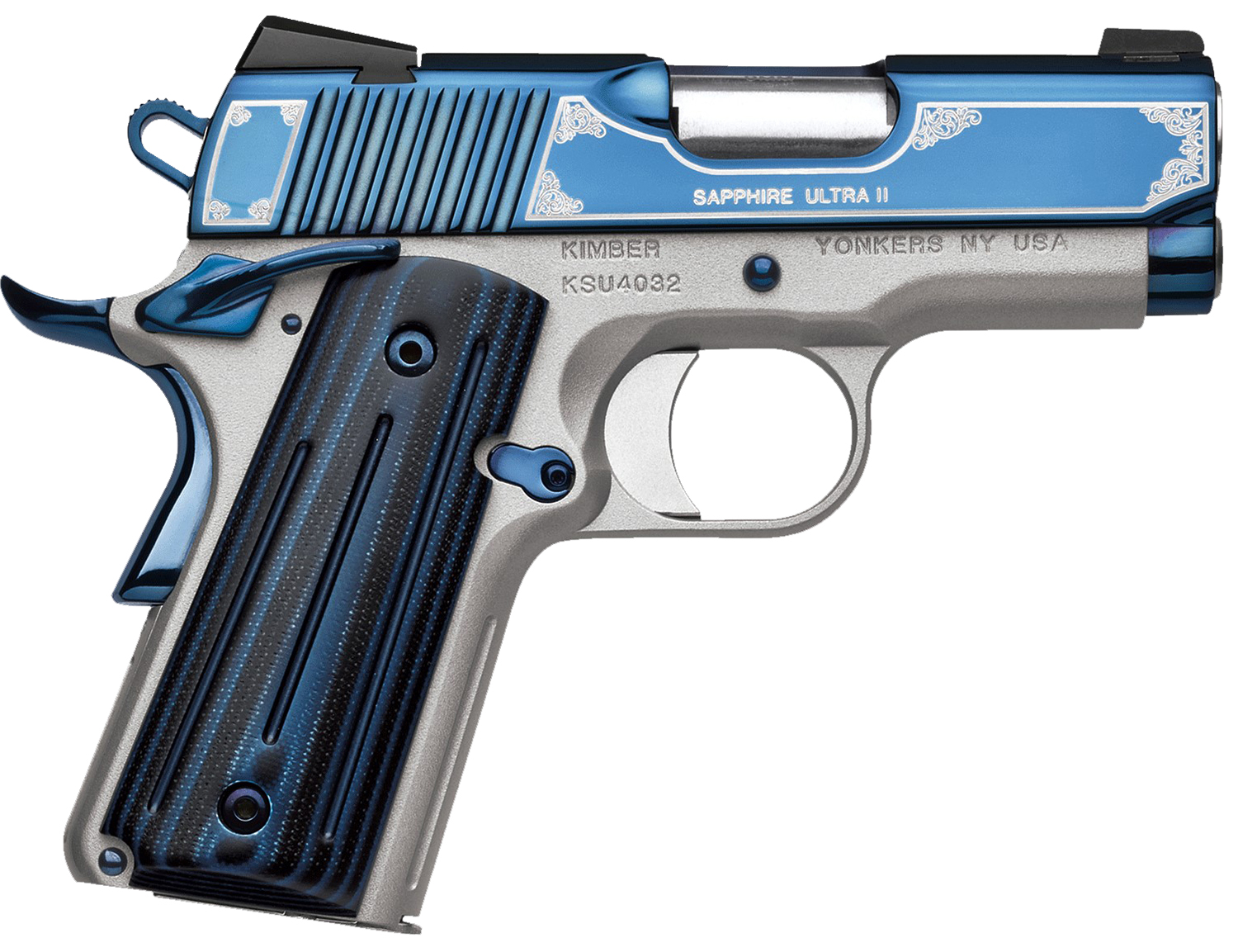 Kimber Mfg, Inc 3200273 Ultra II 9mm Luger 8+1 3″ Stainless Match Grade Barrel, Engraved Sapphire Blue PVD Serrated Stainless Steel Slide, Satin Silver Aluminum Frame w/Beavertail, G10 Grip