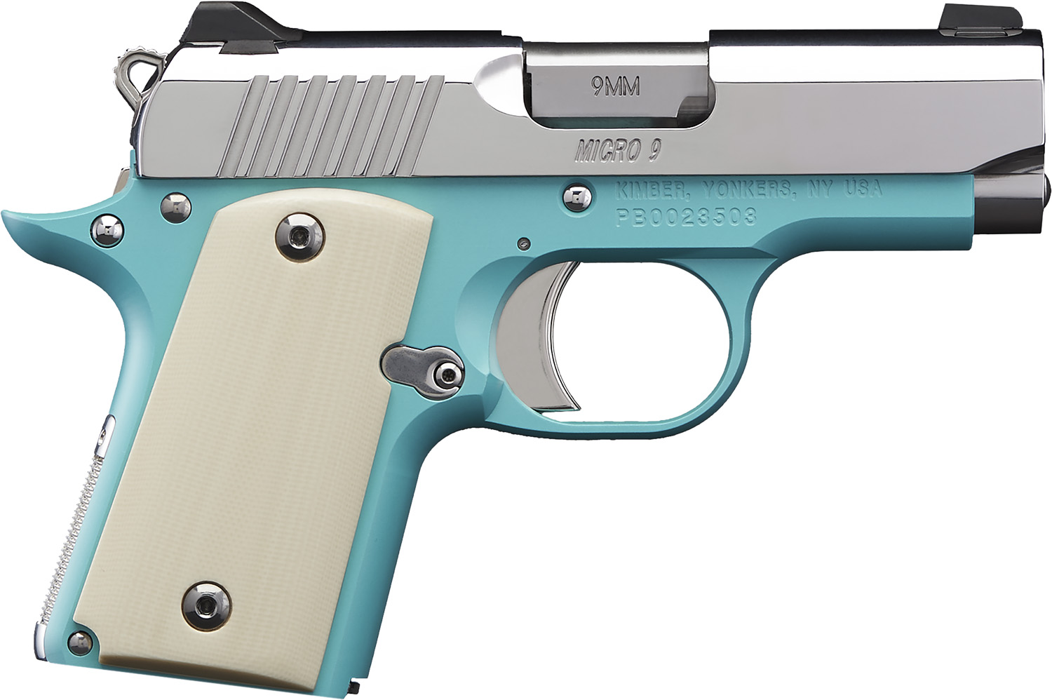 Kimber Mfg.,inc 3700647 Micro 9 Bel Air NS 9mm 6+1 3.15″ Stainless Steel Slide Bel Air Blue Mirror-Polished Ivory G-10 Grip
