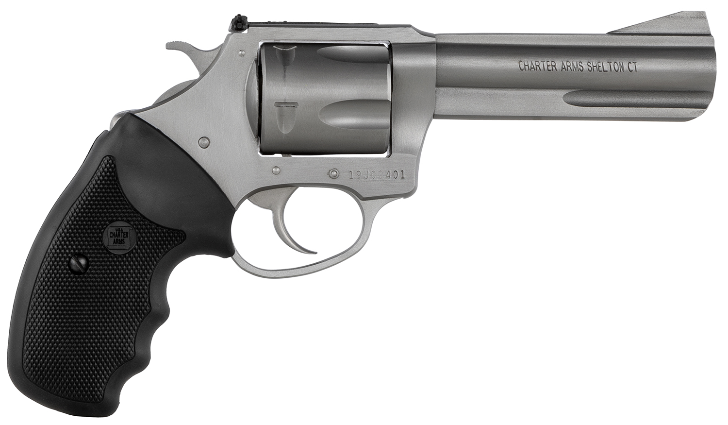 Charter Arms 74042 Pitbull 40 S&W 5 Shot 4.20″ Matte Stainless Steel Barrel, Cylinder & Frame w/Black Finger Grooved Rubber Grip