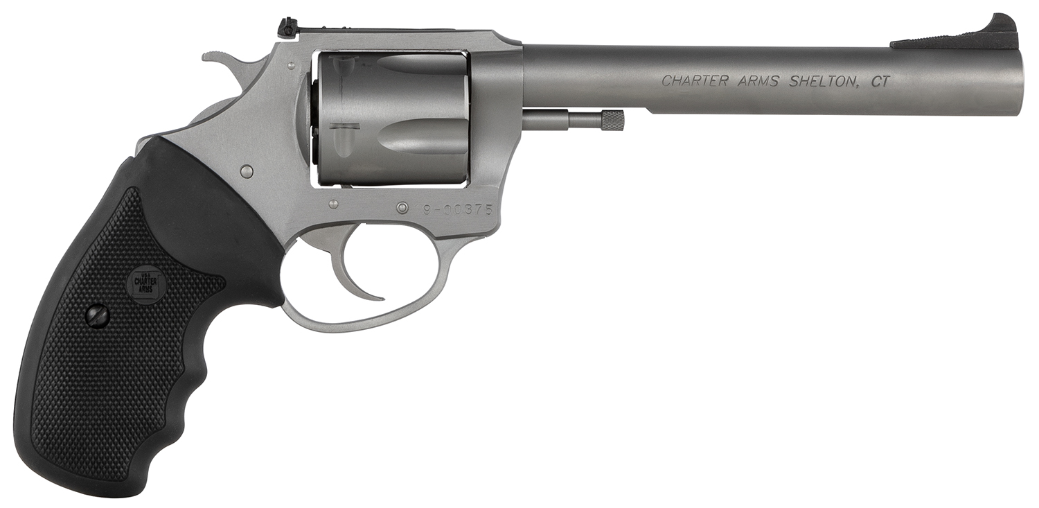 Charter Arms 74460 Bulldog Target Large 44 Special, 5 Shot 6″ Matte Stainless Steel Barrel, Cylinder & Frame w/Black Finger Grooved Rubber Grip