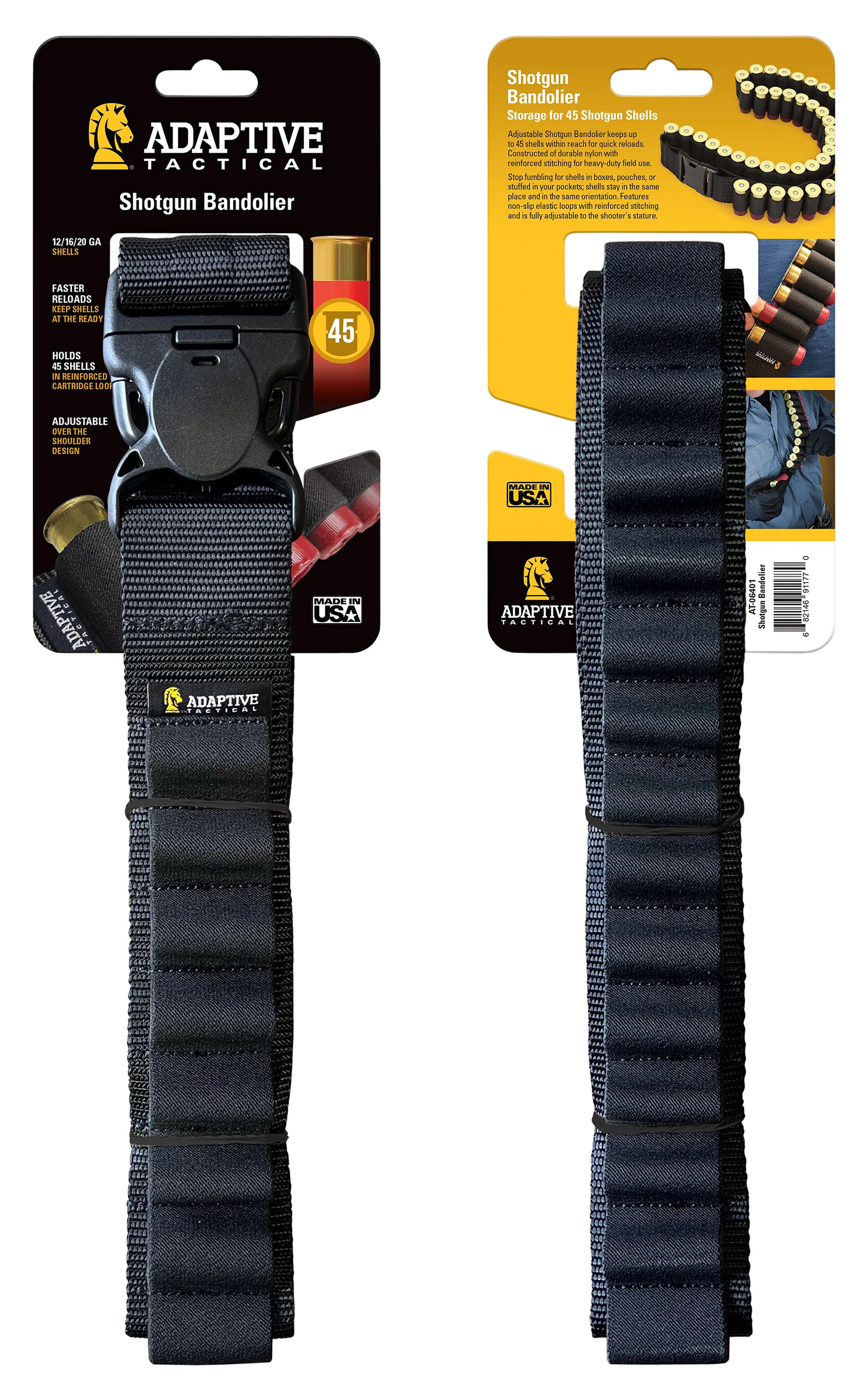 ADAPTIVE TACTICAL AT06401 Shotgun Bandolier 45rd Black Nylon Reinforced, Non-Slip Elastic Loops Fully Adj. Fit