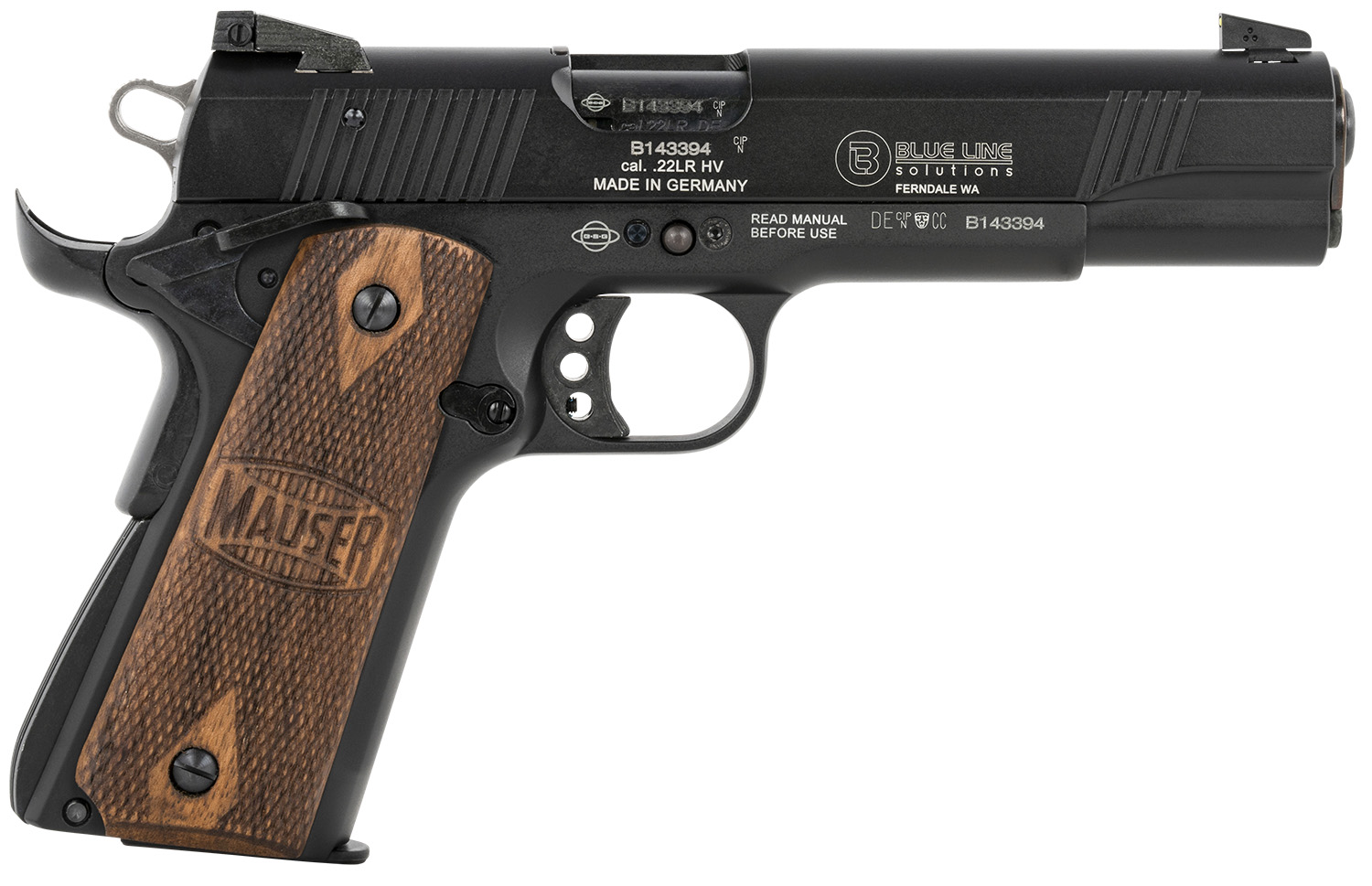 Mauser Rimfire 4110605 1911 22 LR 10+1 5″ Black Steel Barrel, Black Aluminum Slide, Black Aluminum Frame w/Beavertail, Walnut Grip, Ambidextrous