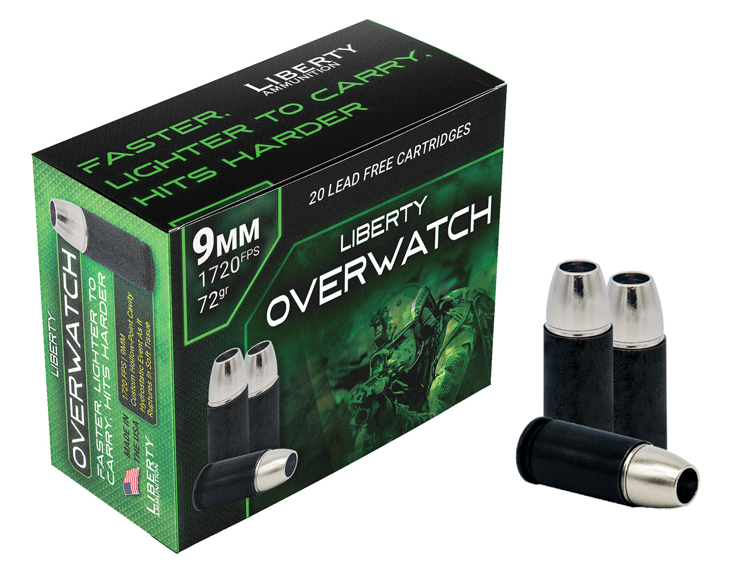 Liberty Ammunition LAOW9MM721700 OverWatch 9mmLuger 72gr Open Cavity Design 20 Per Box/50 Case