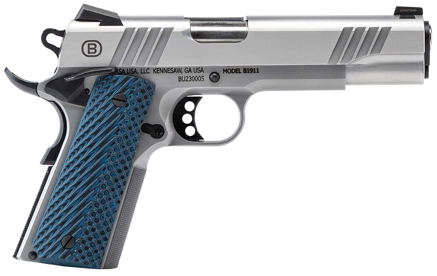Bersa B19117050SMBL B1911 Full Size Frame 45 ACP 8+1 5″ Stainless Steel Barrel, Polished Stainless Serrated Steel Slide, Matte Stainless Stainless Steel Frame w/Beavertail, Blue VZ Grip, Ambidextrous