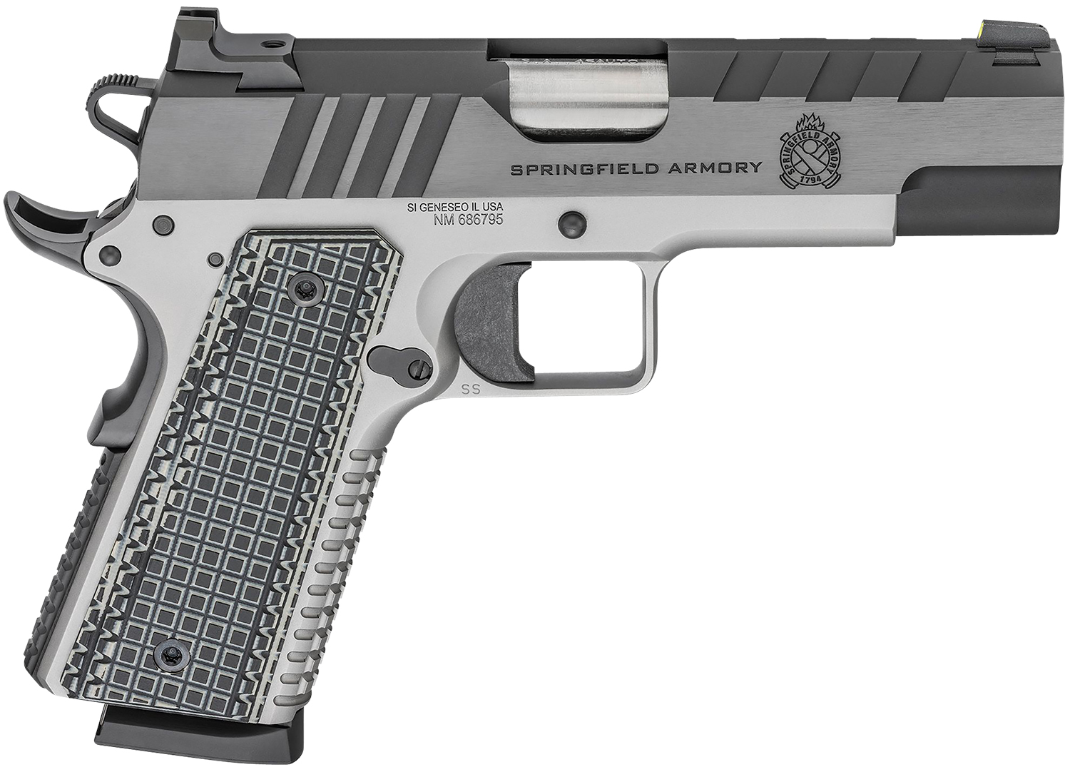 Springfield Armory PX9218L 1911 Emissary 45 ACP 8+1 4.25″ Bull Barrel, Stainless Steel Frame w/Beavertail , Tri-Top Cut Blued Carbon Steel Slide, Black VZ Thin-Line G10 Grip