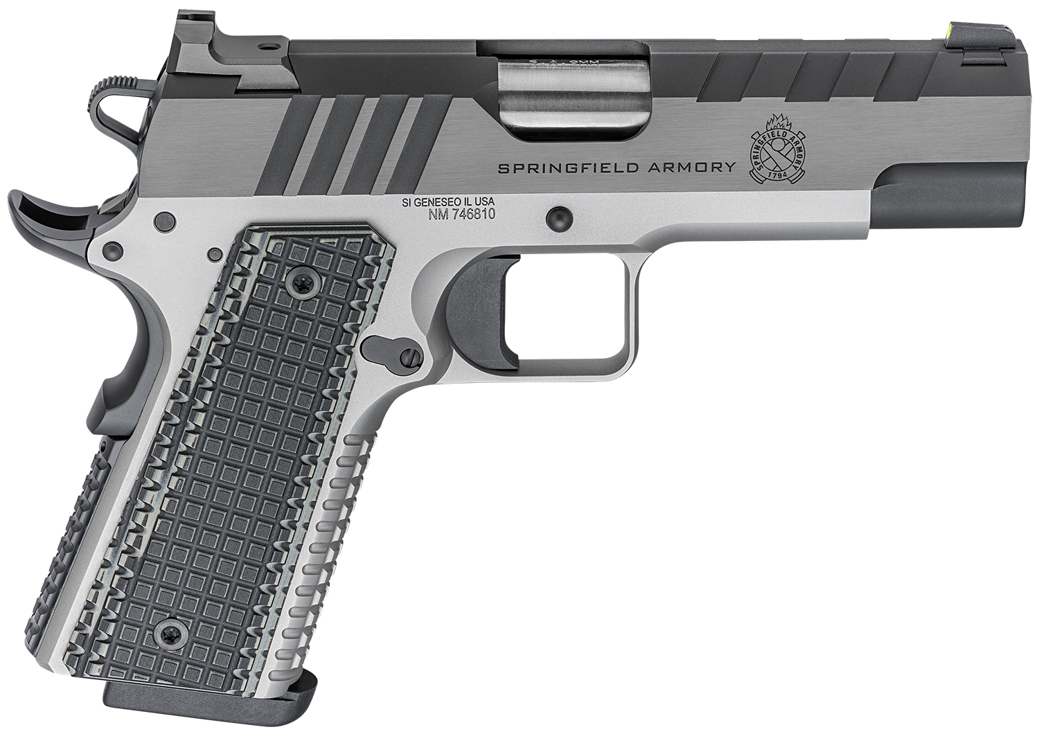 Springfield Armory PX9217L 1911 Emissary 9mm Luger 9+1 4.25″ Bull Barrel, Stainless Steel Frame w/ Beavertail, Serrated Blued Carbon Steel Slide, Black VZ Thin-Line G10 Grip