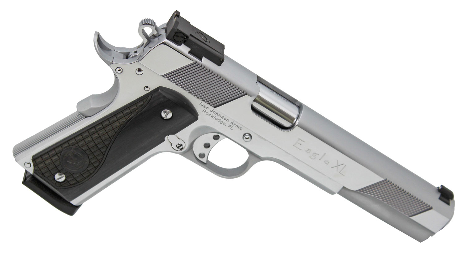 Iver Johnson Arms EAGLEXLC45 Eagle XL 45 ACP 8+1 6″ Steel Barrel, Bright Chrome High Polished Long/Serrated Steel Slide & Frame w/Beavertail, Diamondwood Walnut w/Integrated Logo Grip, Right Hand