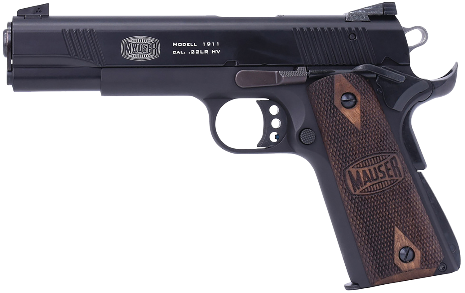 Mauser Rimfire 4110602 1911 22 LR 10+1 5″ Black Steel Barrel, Black Serrated Slide, Black Aluminum Frame w/Beavertail, Walnut Grip, Ambidextrous