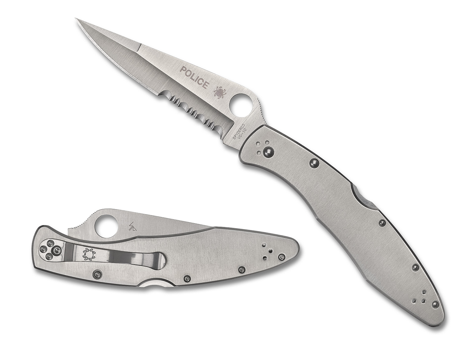Spyderco C07PS Police 4.13″ Folding Plain Satin VG-10 SS Blade/Satin Stainless Steel Handle Includes Pocket Clip