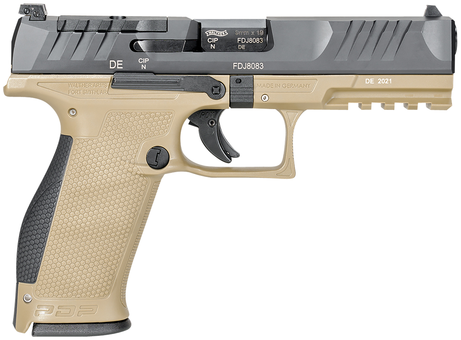 Walther Arms 2858380 PDP 9mm Luger 18+1 4.50″ Black Polygonal Rifled Barrel, Black Optic Ready/Serrated Slide, Tan Polymer Frame w/Picatinny Rail, Black Performance Duty Texture Grips, Ambidextrous