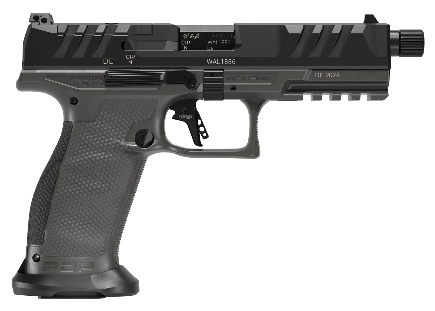 Walther Arms 2871971 PDP Pro SD Full Size 9mm Luger 10+1 5.10″ Black Threaded Barrel, Black Optic Ready/Serrated Slide, Tungsten Gray Polymer Frame w/Picatinny Rail, Textured Polymer Grip
