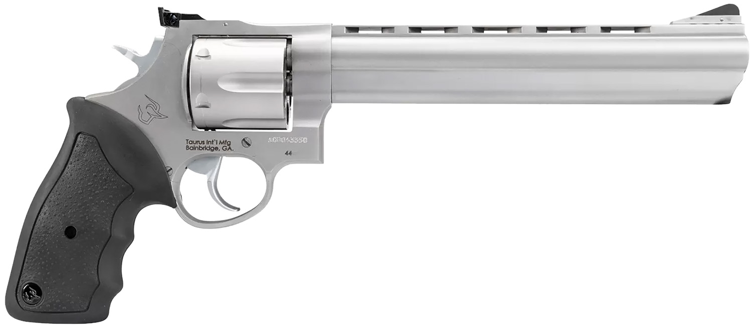 Taurus 2-440089 44 Large 44 Rem Mag 6 Shot 8.37″ Matte Stainless Ported Barrel, Cylinder & Frame, Black Finger Grooved Rubber Grip, Transfer Bar Safety, Exposed Hammer