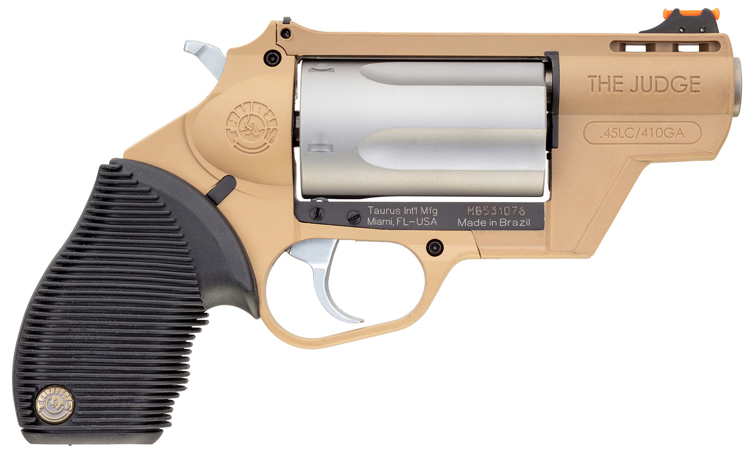 Taurus 2-441029FDE Judge Public Defender 45 Colt (LC)/410 Gauge 5rd 2.50″ Flat Dark Earth Barrel & Frame Matte Stainless Cylinder Black Ribber Grip