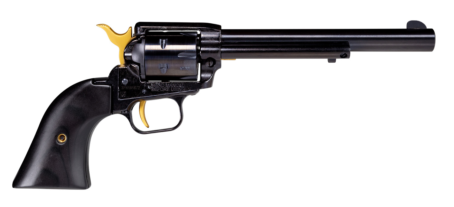 Heritage Mfg RR22B4-GLD Rough Rider 22 LR 6 Shot 4.75″ Black Oxide Alloy Steel Barrel, Black w/Gold Accents Zinc Alloy Frame, Black Oxide Cylinder, Black Laminate Wood Grip