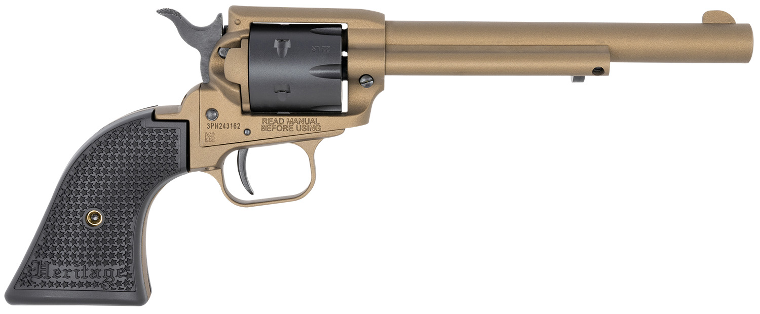 Heritage Mfg RR22A6 Rough Rider 22 LR 6 Shot, 6.50″ Burnt Bronze Cerakote Steel Barrel, Black Satin Cylinder Burnt Bronze Cerakote Steel, Black Textured Polymer Grips