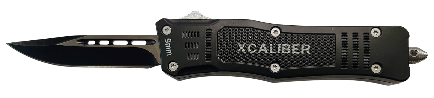 Xcaliber Knife Company 9mm Small 2.75″ OTF Drop Point Black 440C SS Blade, 3.91″ Steel Handle