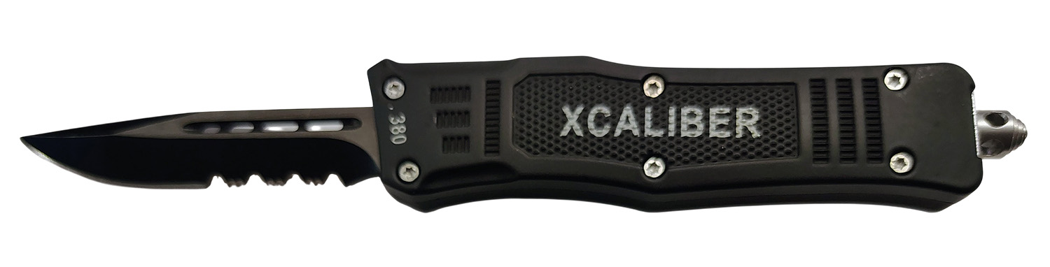 Xcaliber Knife Company 380 ACP Small 2.75″ OTF Part Serrated Black 440C SS Blade, 3.91″ Steel Handle